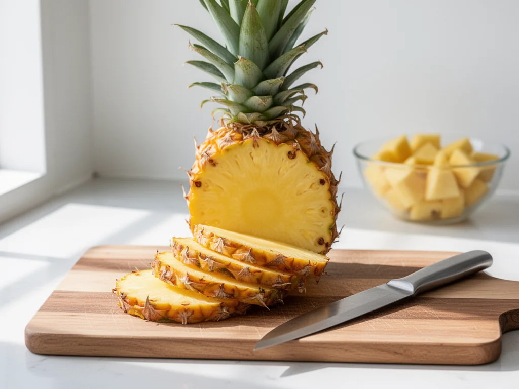 Świeży ananas krojony w plastry na drewnianej desce z nożem, w tle miska z kawałkami, jasny, czysty blat kuchenny.