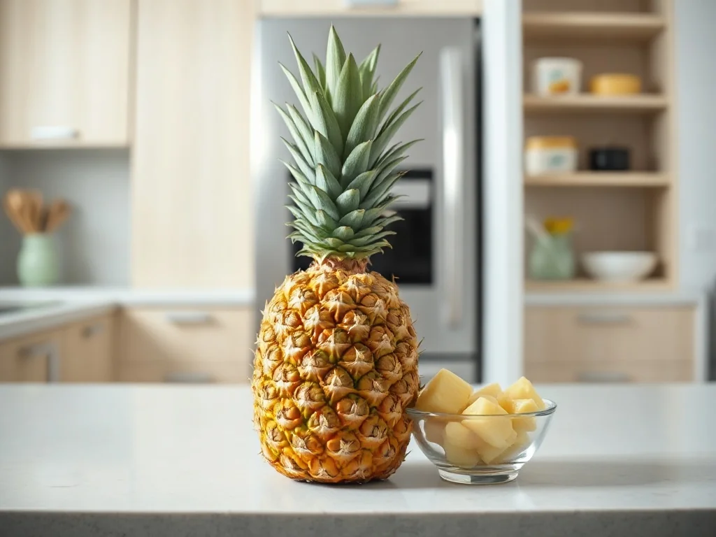 Dojrzały ananas w całości i kawałkach na blacie kuchni, w tle otwarta lodówka sugerująca sposób przechowywania.