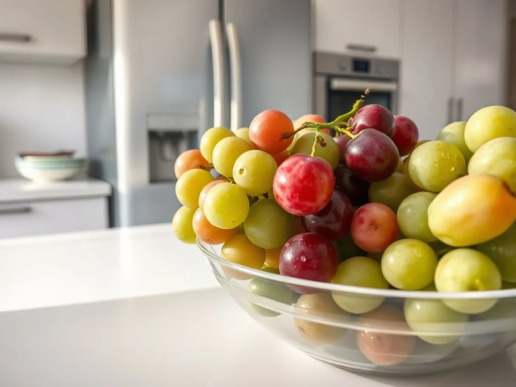 Świeże czerwone i zielone winogrona w pojemniku na białym blacie kuchennym, gotowe do przechowywania w lodówce.
