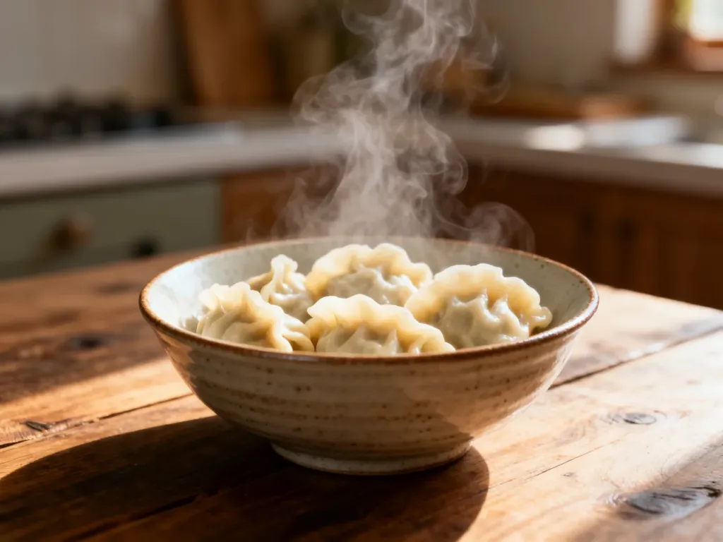 Parująca miska świeżo ugotowanych pierogów na drewnianym stole w przytulnej kuchni.