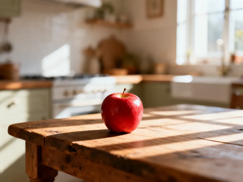 Świeże, czerwone jabłko na drewnianym stole w kuchni, podkreślające zdrowy styl życia i naturalne odżywianie.