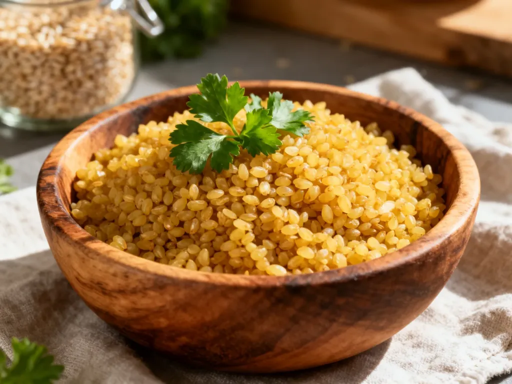 Drewniana miseczka z ugotowaną kaszą bulgur posypaną świeżą natką pietruszki w słonecznej kuchni.