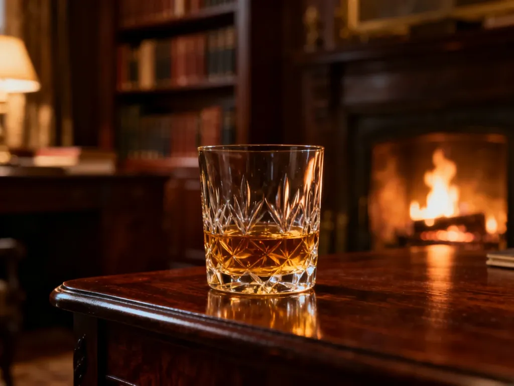 Szklanka bursztynowej whisky na dębowym stole w przytulnym gabinecie z kominkiem w tle.