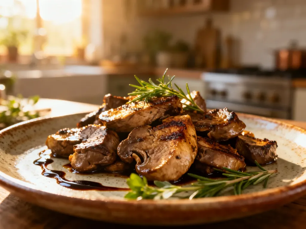 Apetycznie podana wątróbka drobiowa na rustykalnym talerzu, udekorowana świeżymi ziołami i sosem balsamicznym.