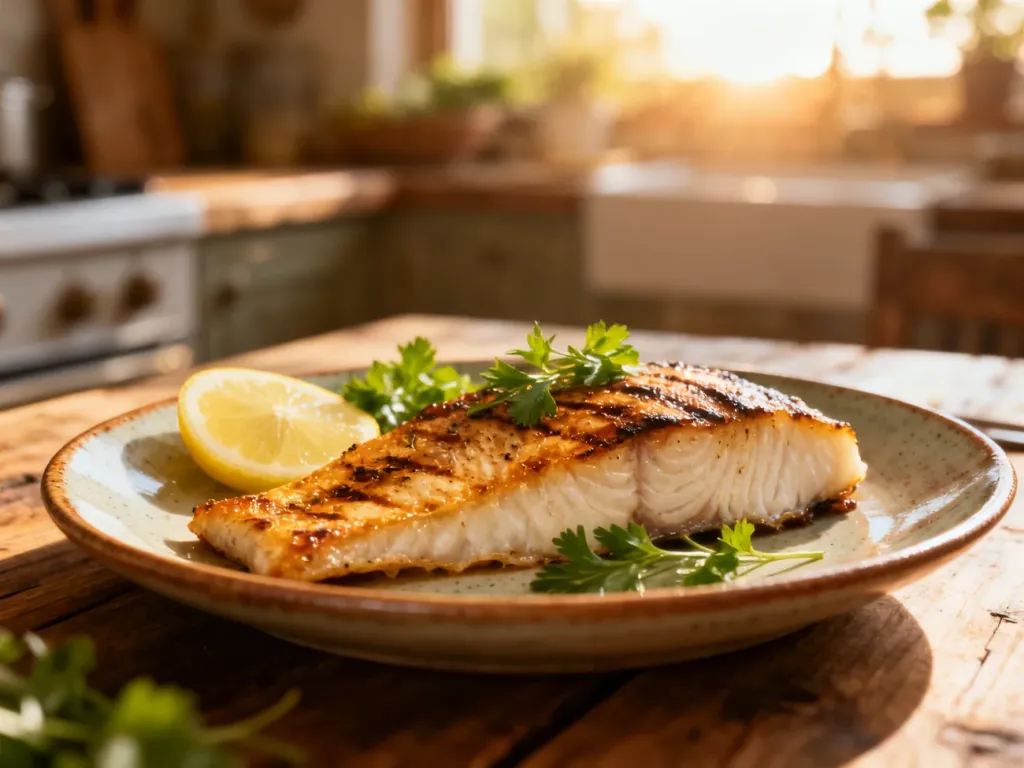 Pieczony filet z zębacza na ceramicznym talerzu, udekorowany cytryną i świeżymi ziołami w rustykalnej kuchni.