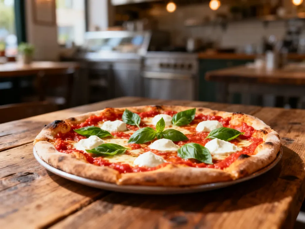 Apetyczna pizza z mozzarellą i bazylią na drewnianym stole w klimatycznej włoskiej restauracji.