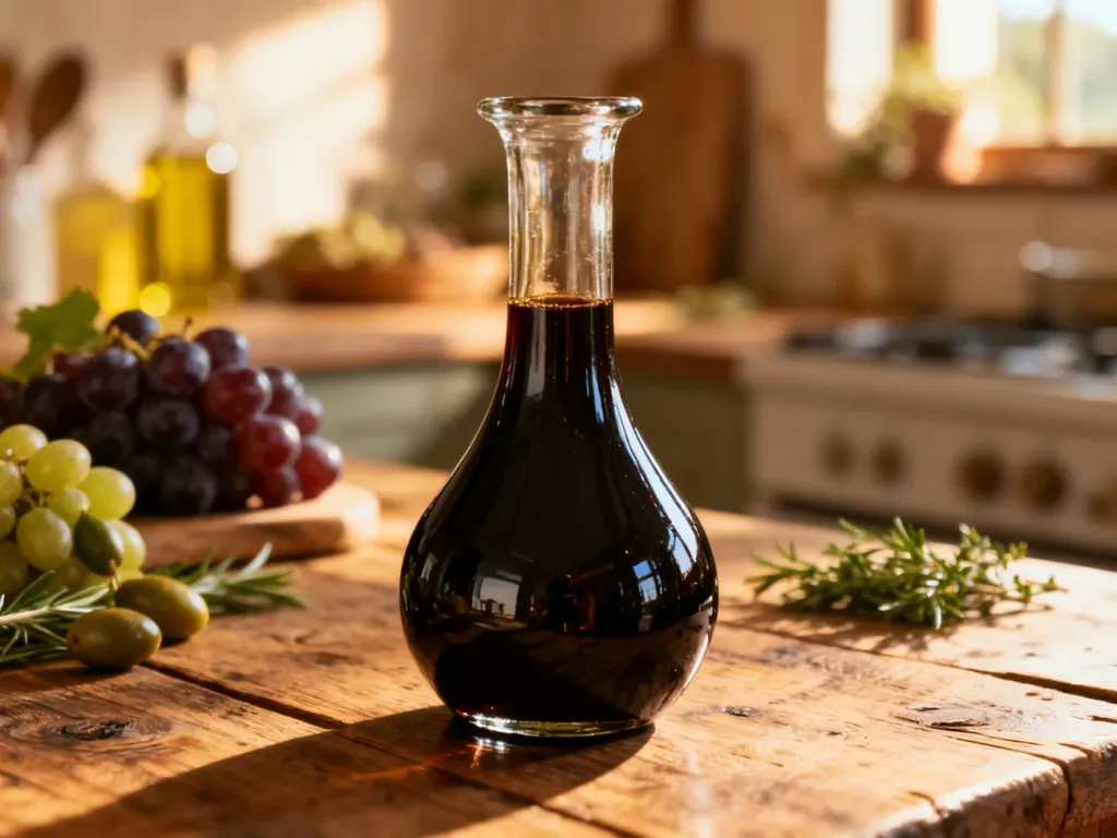 Szklana karafka z ciemnym octem balsamicznym na drewnianym stole w rustykalnej kuchni.
