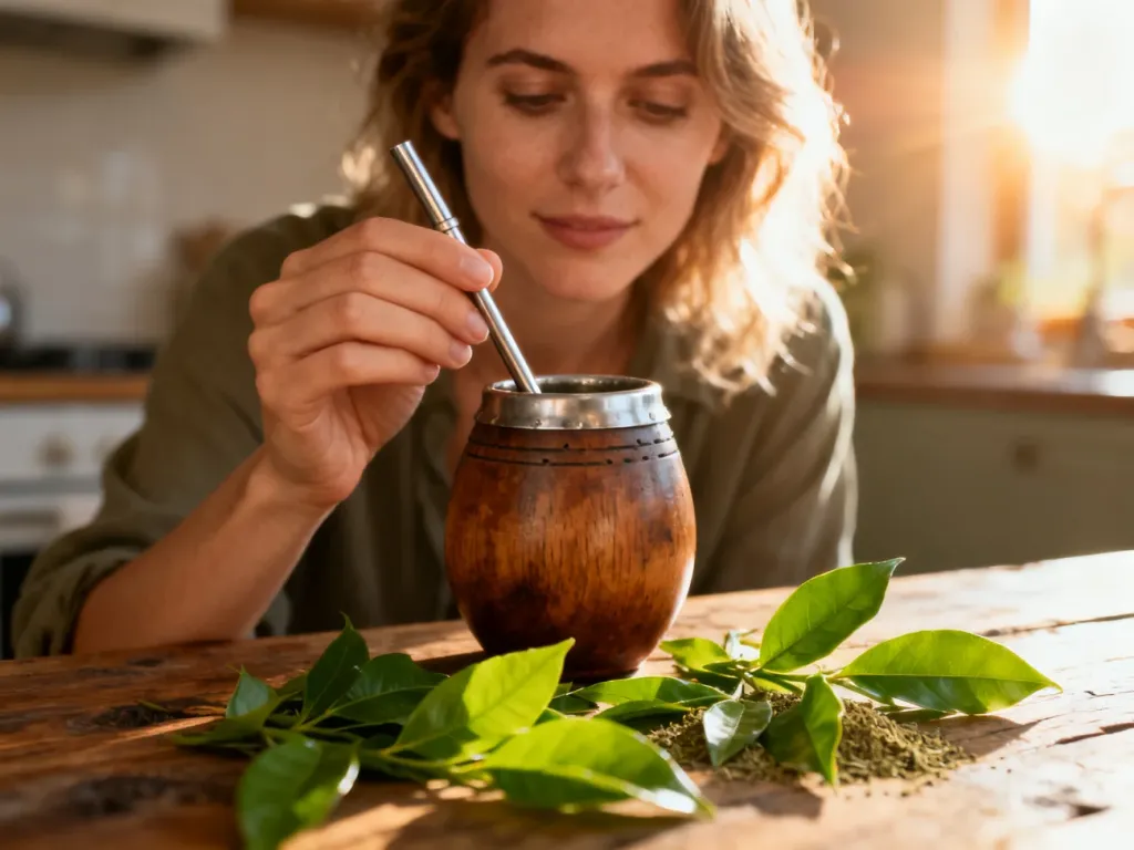 Kobieta trzymająca tradycyjne naczynie z yerba mate, obok którego na drewnianym stole rozsypane są zielone liście suszu.
