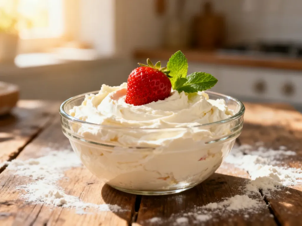 Szklana miseczka z kremowym serkiem mascarpone, udekorowana świeżą truskawką i listkiem mięty na rustykalnym stole.