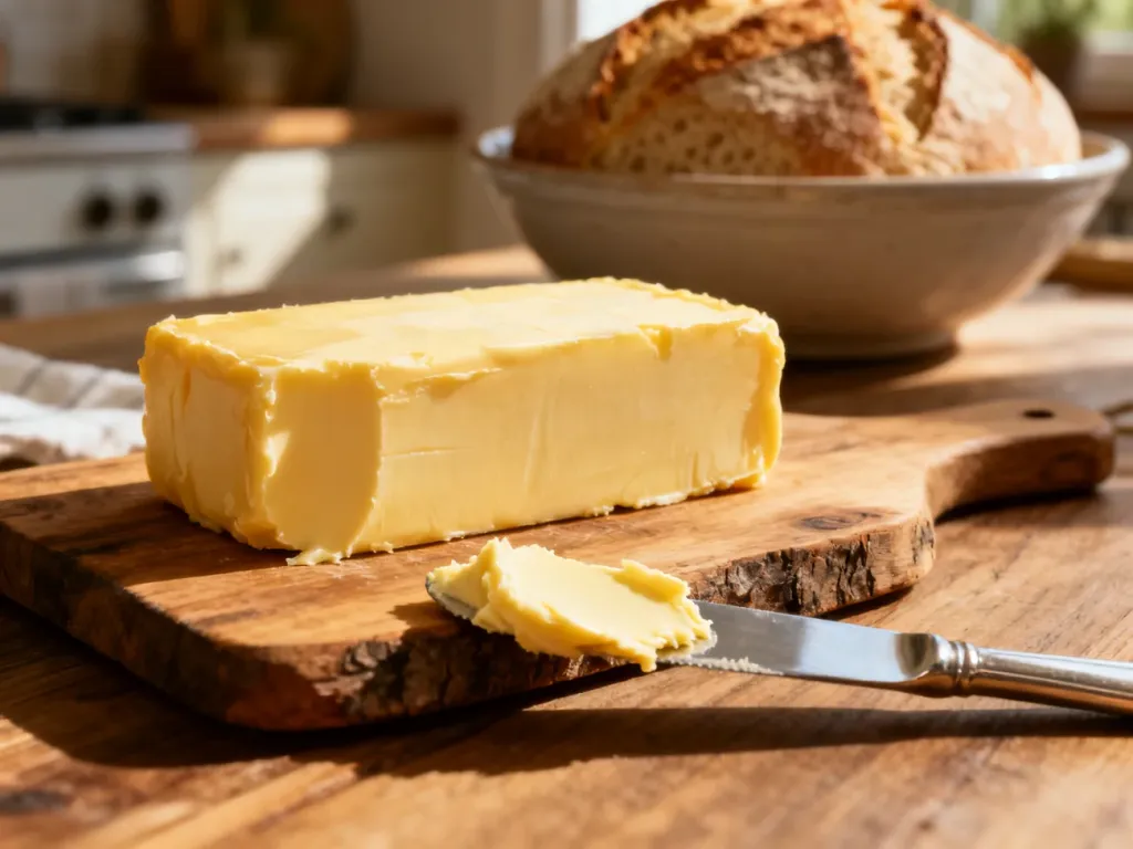 Kawałek żółtego masła na drewnianej desce obok noża i świeżego pieczywa w przytulnej kuchni.