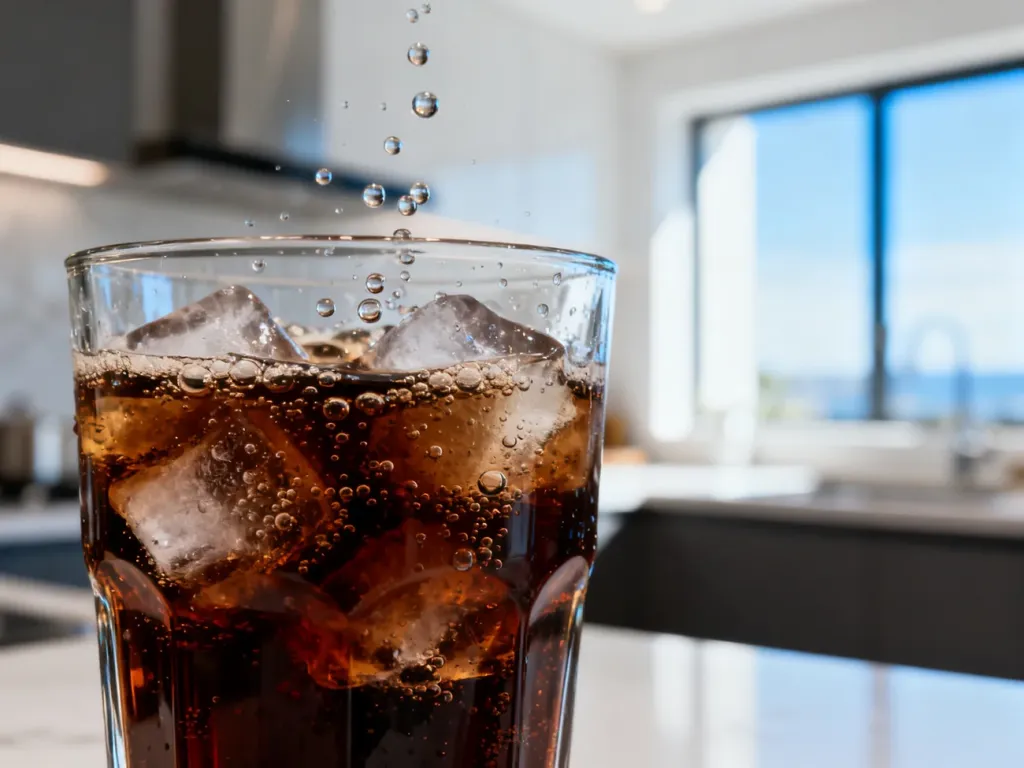 Szklanka z napojem typu cola z lodem i widocznymi bąbelkami w jasnej, nowoczesnej kuchni.