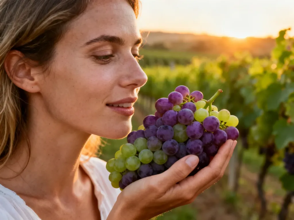 Kobieta trzymająca świeże kiście winogron w słonecznej winnicy, podkreślająca naturalne pochodzenie owoców.