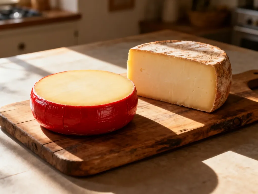 Dwa kręgi sera – edamski w czerwonej otoczce oraz gouda o kremowym odcieniu – leżące na drewnianej desce.