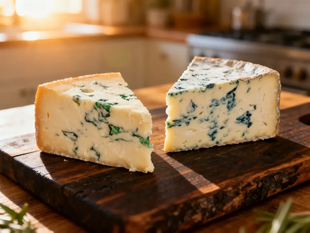 Kawałki serów Gorgonzola i Dor Blue zestawione na drewnianej desce, ukazujące różnice w ich strukturze i żyłkowaniu.