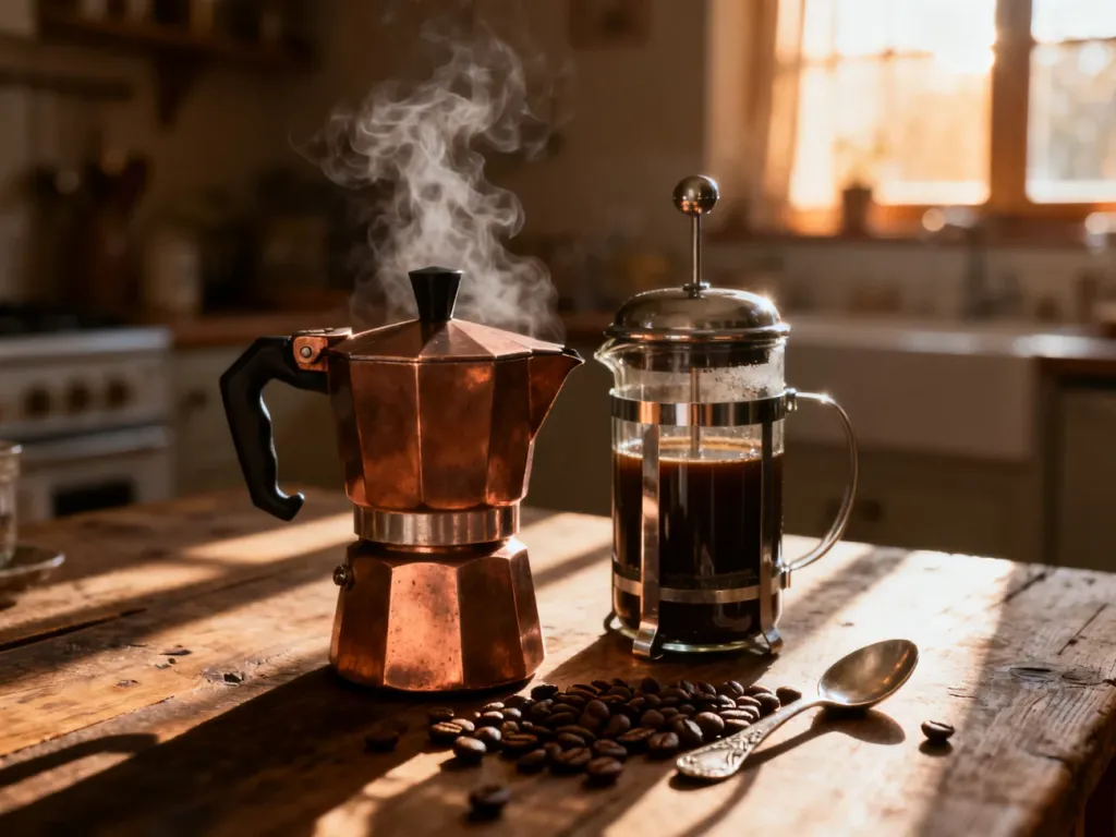 Kawiarka i french press stojące obok siebie na drewnianym stole, otoczone ziarnami kawy w przytulnej, słonecznej kuchni.