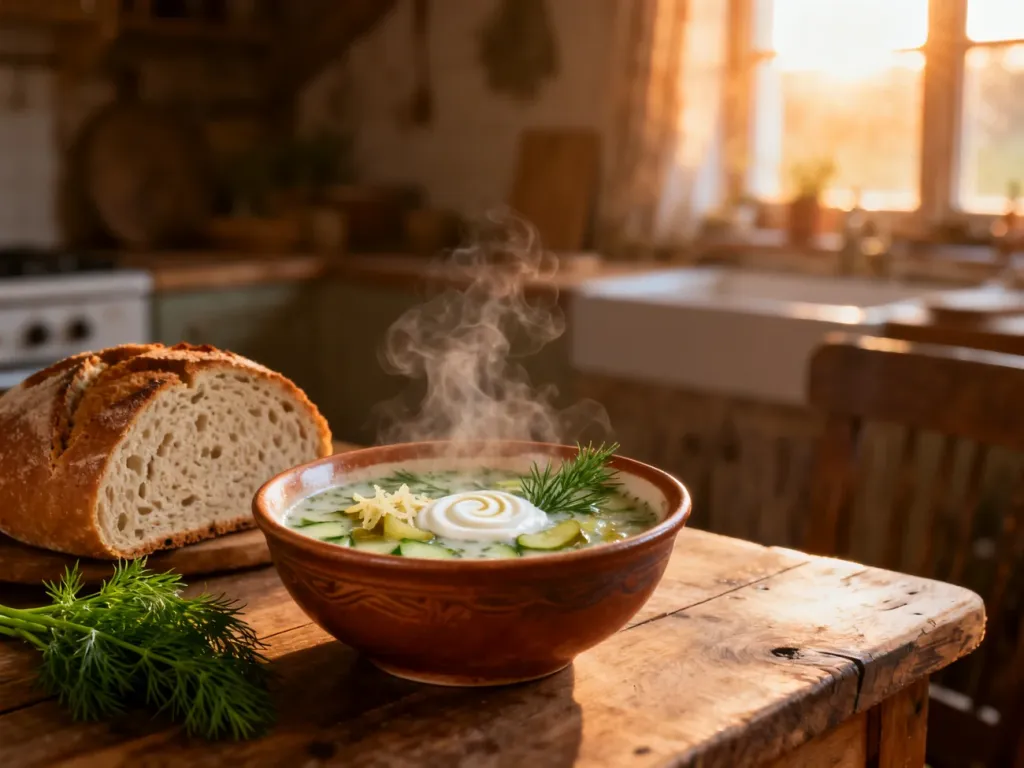 Gorąca zupa ogórkowa z koperkiem i śmietaną podana na rustykalnym stole z pajdą chleba na zakwasie.