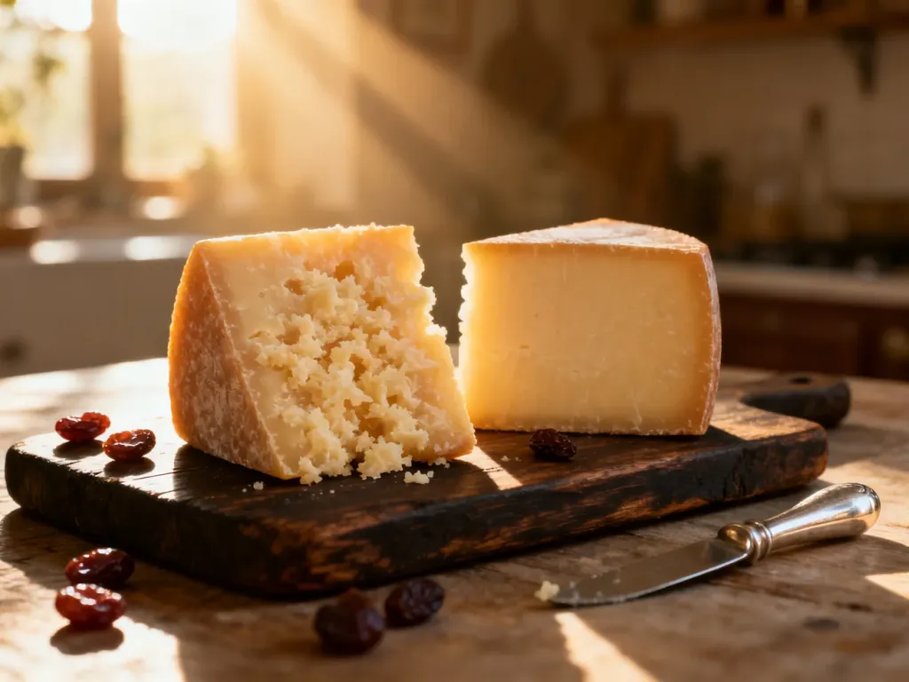 Dwa kawałki twardego sera, parmezanu i Grana Padano, położone na drewnianej desce z nożykiem i suszonymi owocami.