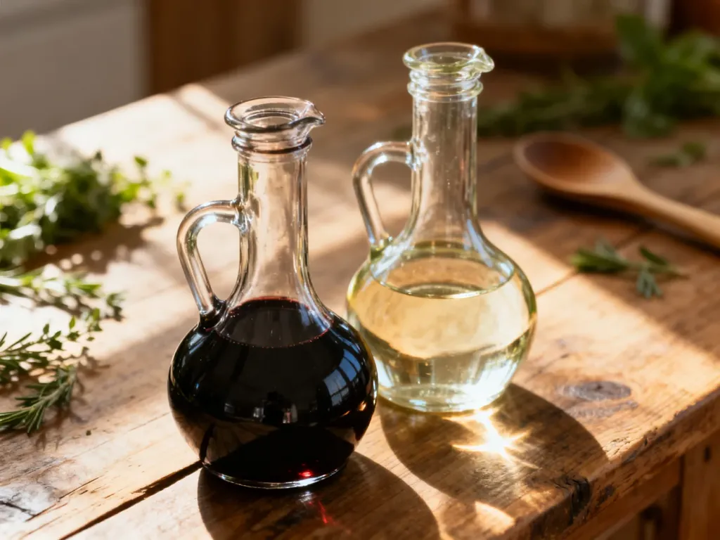 Dwie szklane butelki z octem balsamicznym i winnym na drewnianym stole w kuchni, w otoczeniu świeżych ziół.