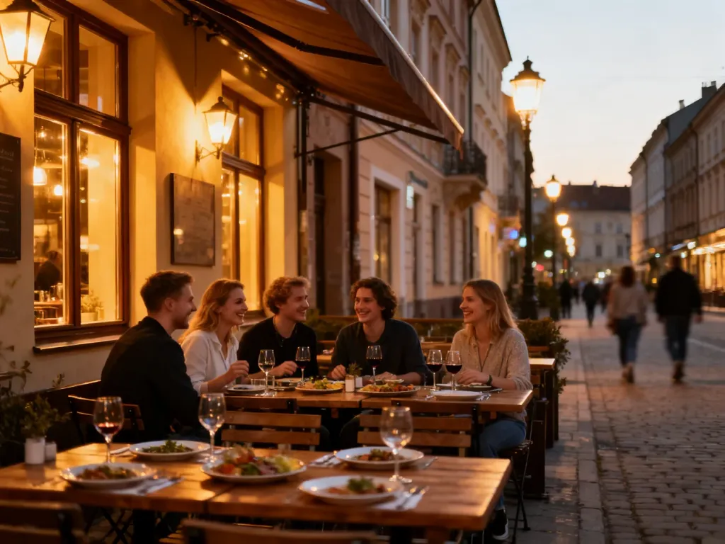 Urokliwa ulica w Rzeszowie z nastrojowymi restauracjami i gośćmi jedzącymi na zewnątrz, ciepłe wieczorne oświetlenie, no text on the picture