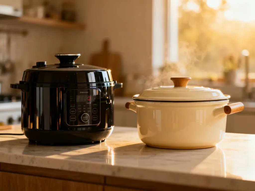 Nowoczesny multicooker oraz klasyczny wolnowar ustawione na kuchennym blacie w świetle poranka.