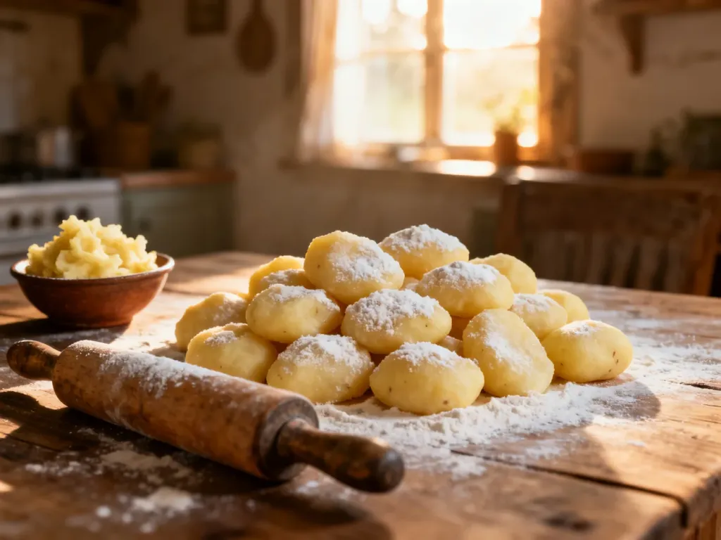 Świeżo przygotowane, oprószone mąką kopytka na drewnianym stole w przytulnej kuchni.
