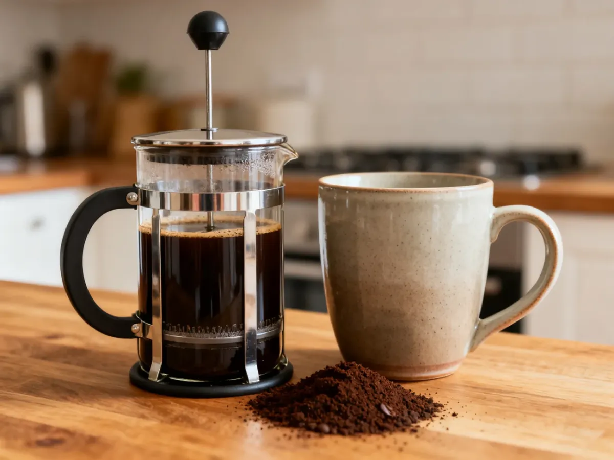 French press z przygotowaną kawą na kuchennym blacie
