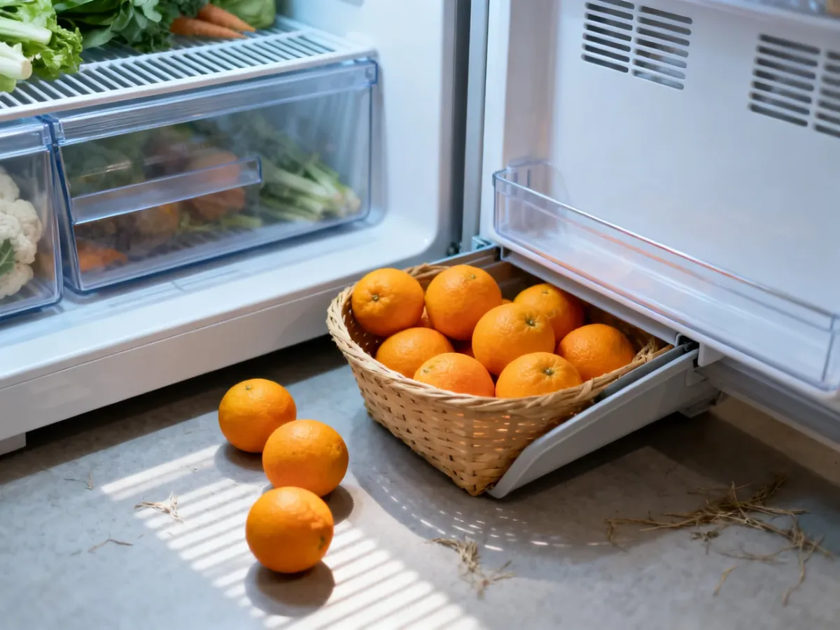 Pomarańcze luźno ułożone w koszyku obok lodówki
