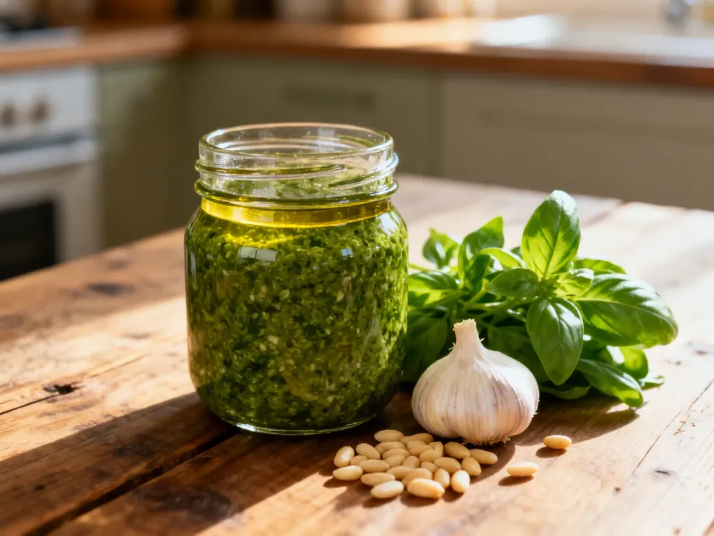 Słoik domowego pesto z warstwą oliwy na wierzchu, otoczony świeżą bazylią, orzeszkami pinii i czosnkiem na drewnianym stole.