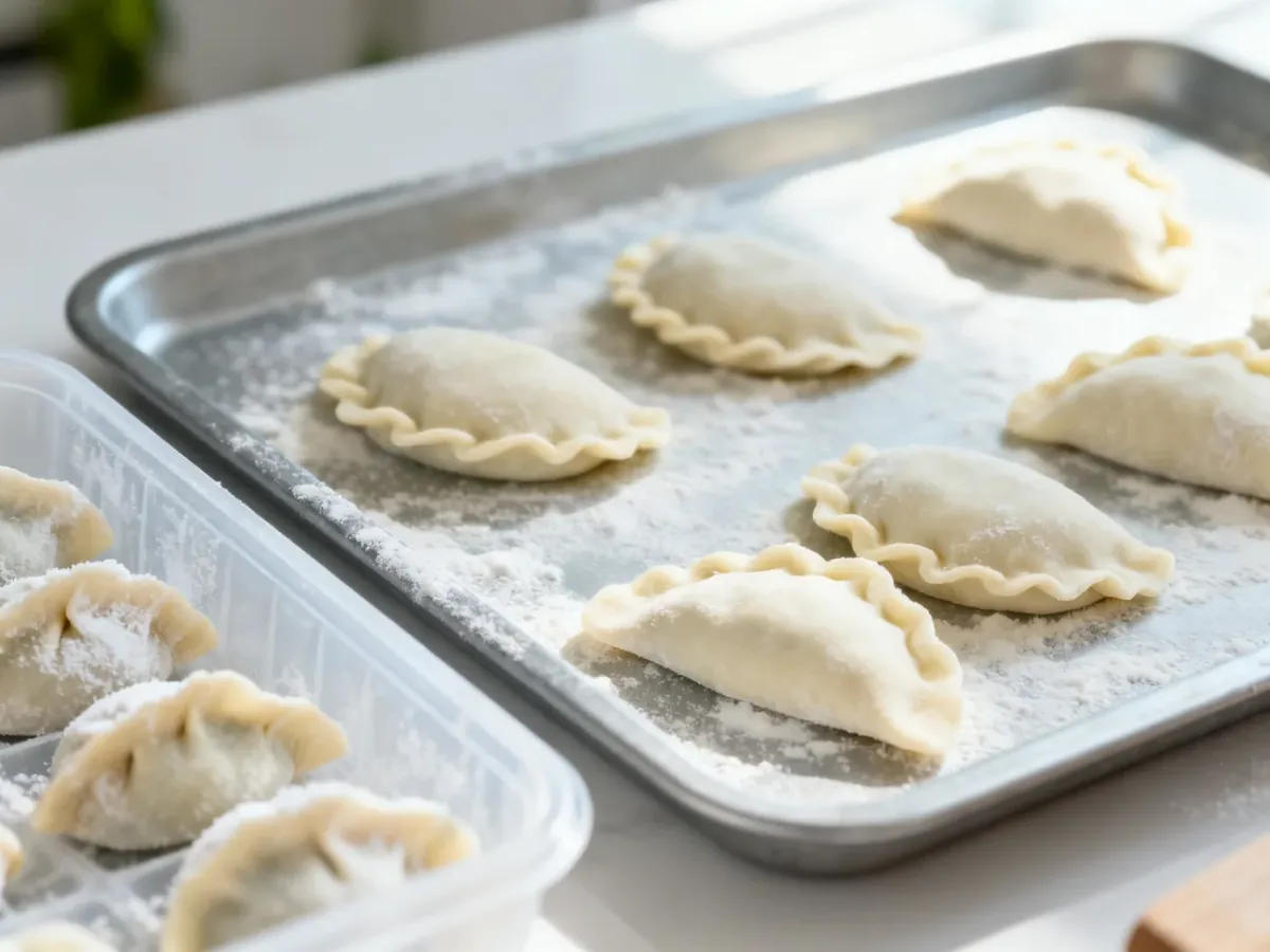 Pierogi ułożone osobno na tacce przed zamrożeniem