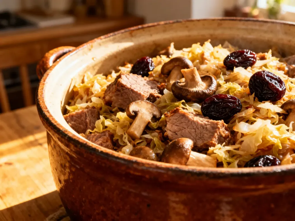 Tradycyjny bigos w rustykalnym garnku z widocznymi kawałkami mięsa, kapusty, grzybów i śliwek.