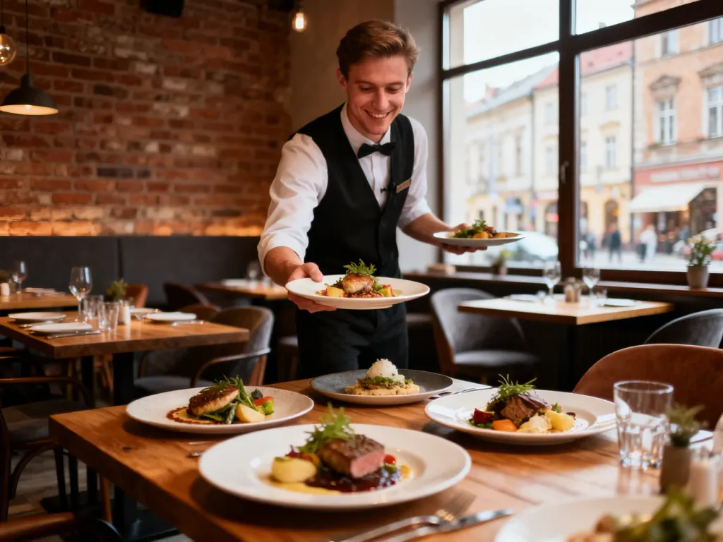 Przytulne wnętrze restauracji w Bielsku-Białej z elegancko podanymi daniami kuchni polskiej, kelner obsługuje gości, no text on the picture