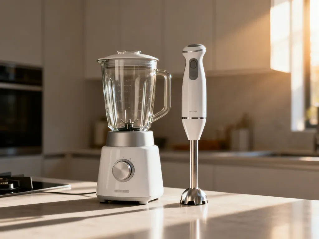 Nowoczesny blender kielichowy i ręczny ustawione obok siebie na kuchennym blacie w jasnej, minimalistycznej kuchni.