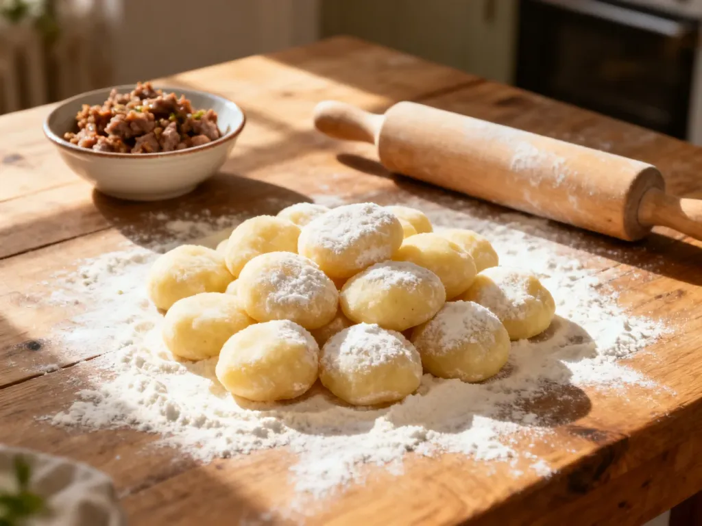 Świeżo przygotowane domowe pyzy z nadzieniem mięsnym na drewnianym stole kuchennym, gotowe do gotowania.