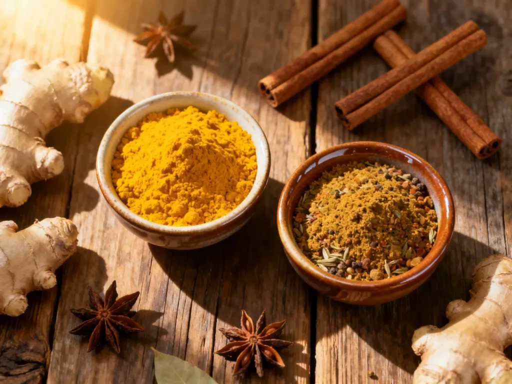 Dwie miseczki z kurkumą i mieszanką curry otoczone przyprawami: cynamonem, anyżem i imbirem na rustykalnym stole.