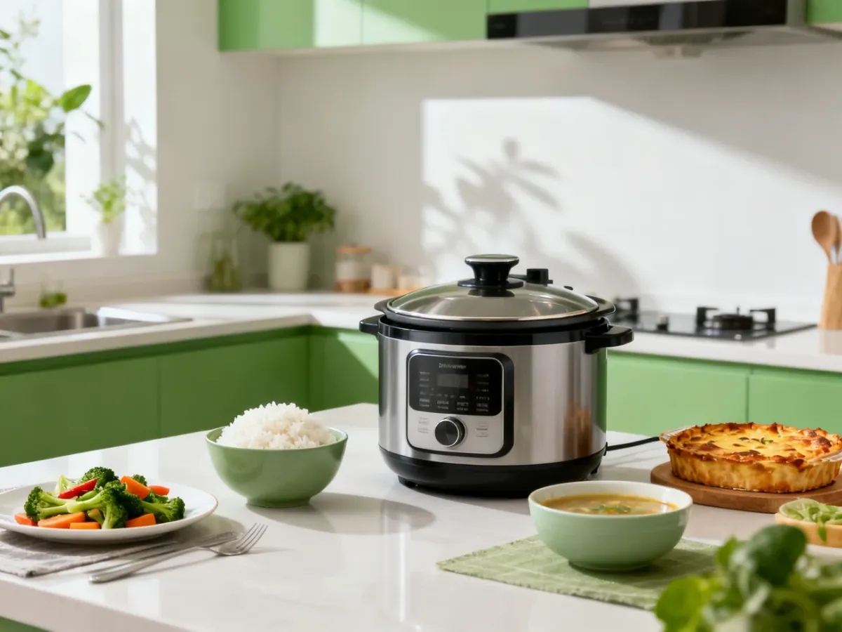Multicooker otoczony różnymi przygotowanymi potrawami