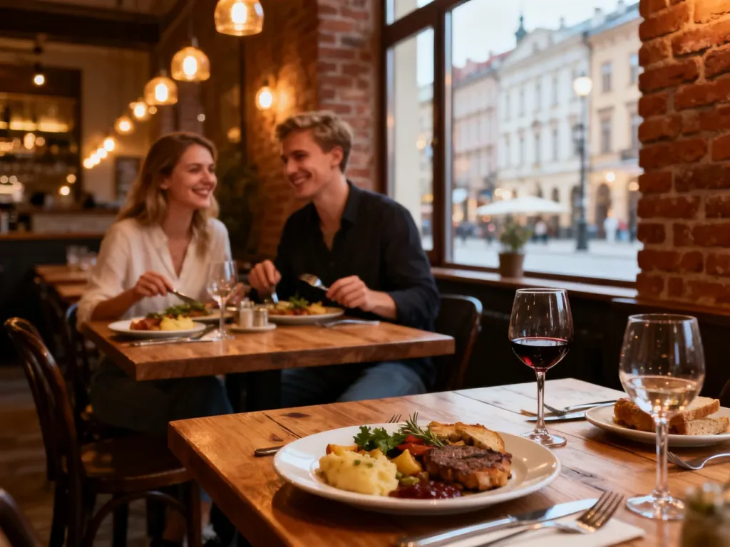 Przytulne wnętrze restauracji w Opolu, para delektuje się lokalnymi daniami kuchni polskiej, ciepła atmosfera miasta w tle. no text on the picture