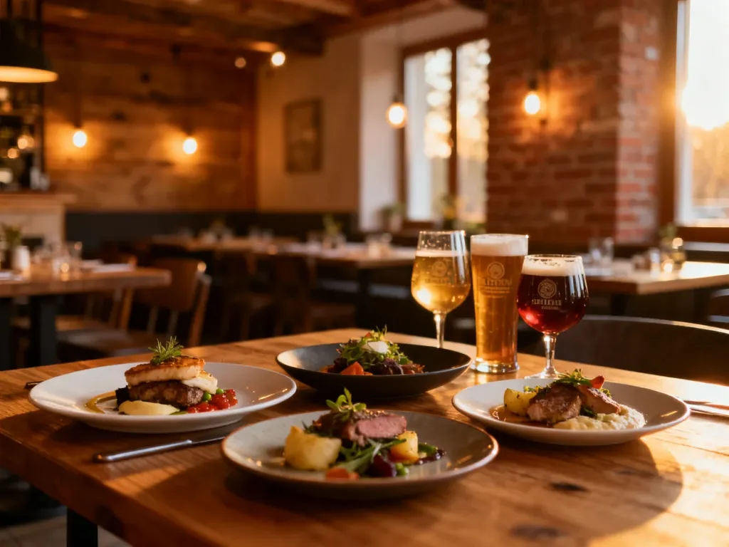 Przytulne wnętrze restauracji w Białymstoku z elegancko podanymi daniami kuchni polskiej na drewnianym stole, no text on the picture