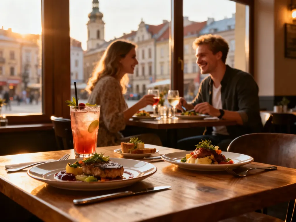 Przytulne wnętrze restauracji w Szczecinie z nowoczesną polską kuchnią i koktajlami, para delektuje się posiłkiem, no text on the picture