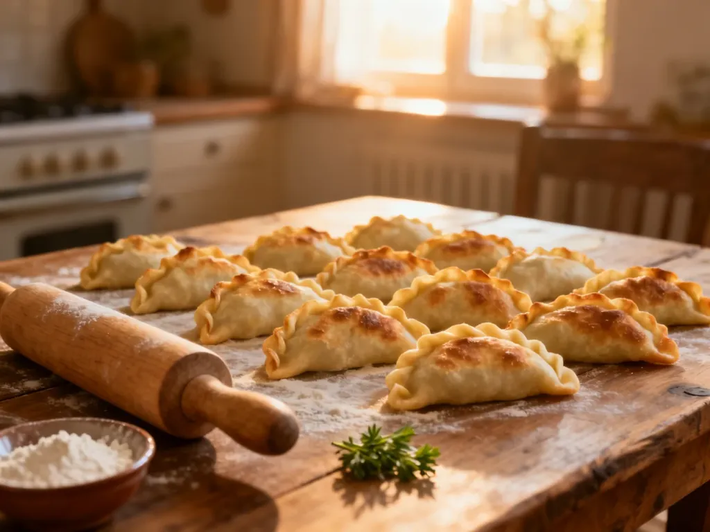 Świeżo przygotowane domowe pierogi ruskie na drewnianym stole w przytulnej kuchni. Obok widoczny wałek i miseczka z mąką.