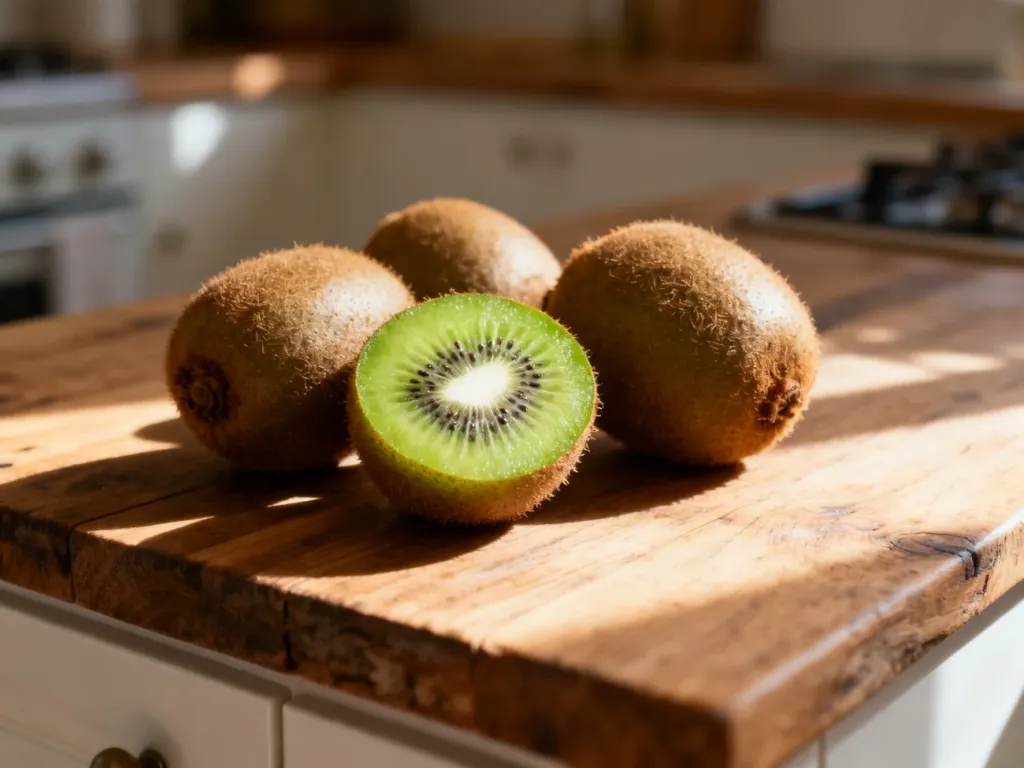Świeże owoce kiwi, w tym jedno przekrojone na pół, leżące na drewnianym blacie kuchennym w świetle poranka.