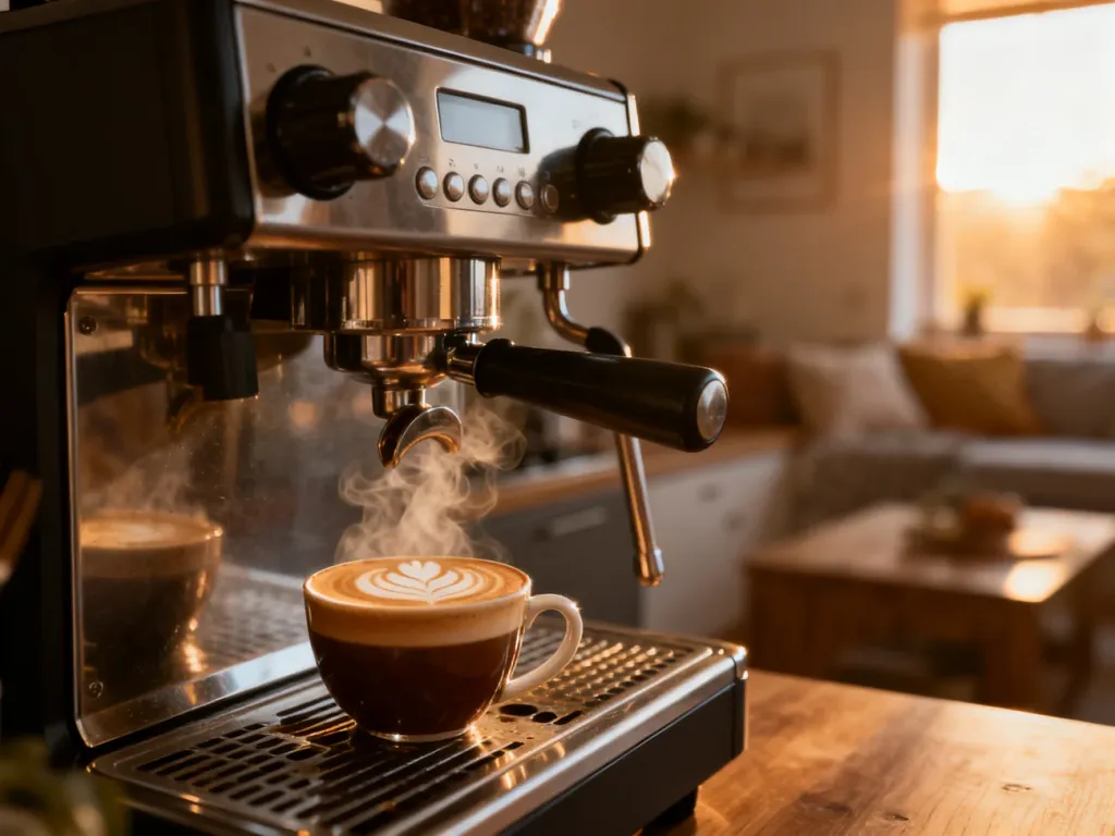 Filiżanka świeżo zaparzonej kawy z latte art obok profesjonalnego ekspresu w przytulnej, słonecznej kuchni.
