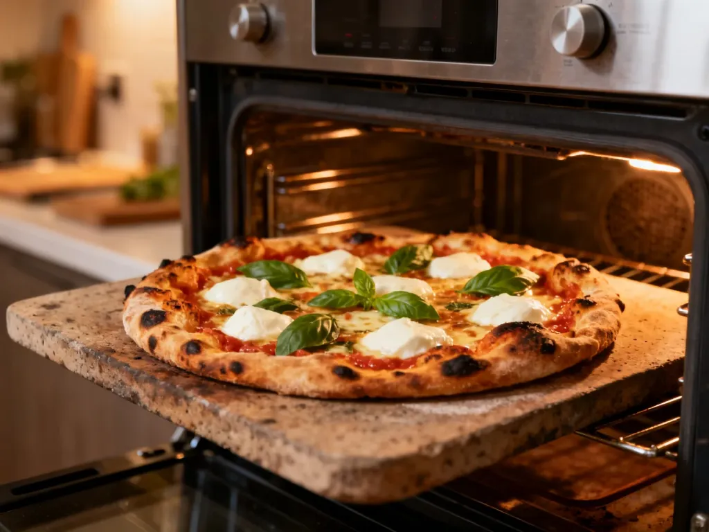 Świeżo upieczona pizza z roztopioną mozzarellą i bazylią na kamieniu w domowym piekarniku.